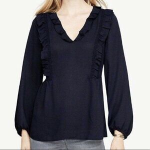 Ann Taylor Ruffled V Neck Blouse Womens Sz M Night Sky Blue Puff Sleeve Top